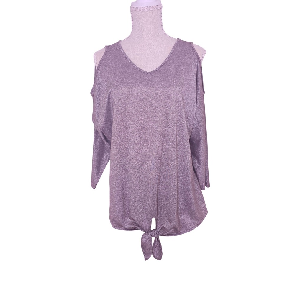 Chicos Metallic Grey Cold Shoulder Tie Front 3/4 Sleeve Top V-Neck Size 2 L
